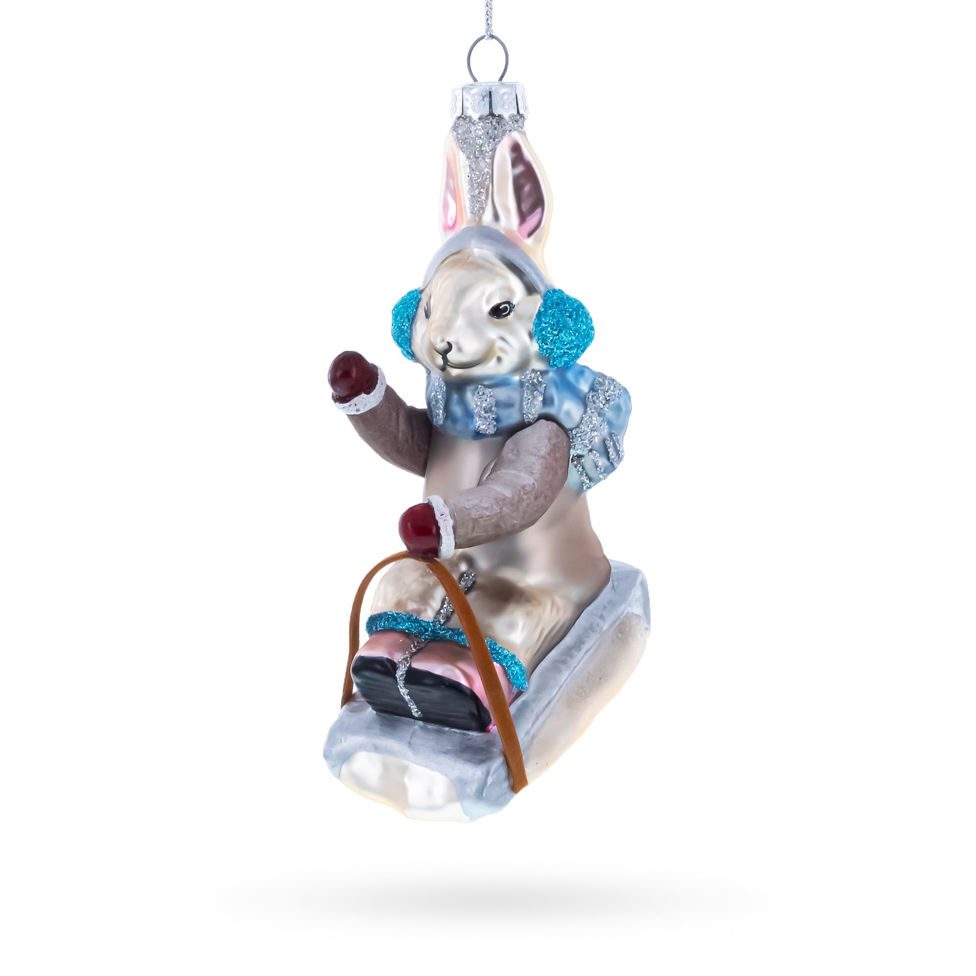 Sledding Bunny Glass Christmas Ornament