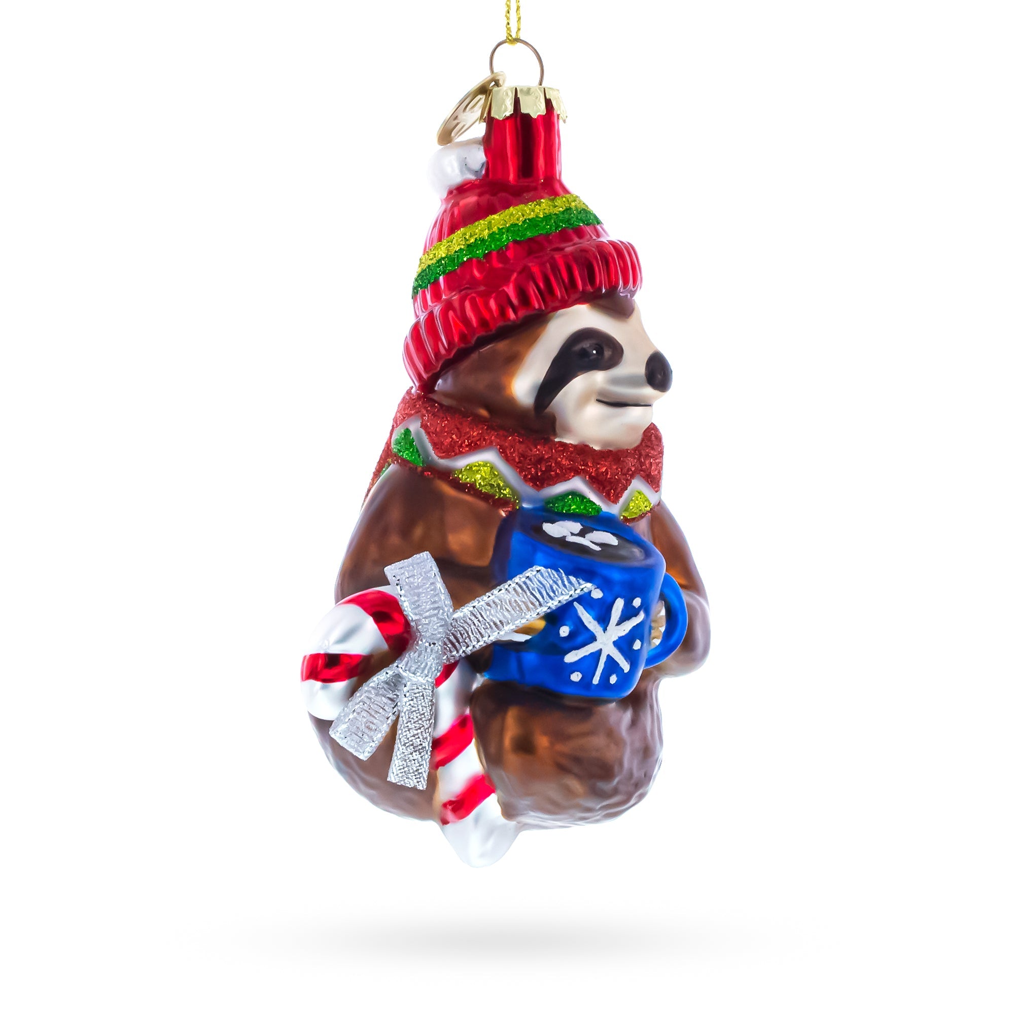 Sloth with Mug Glass Christmas Ornament