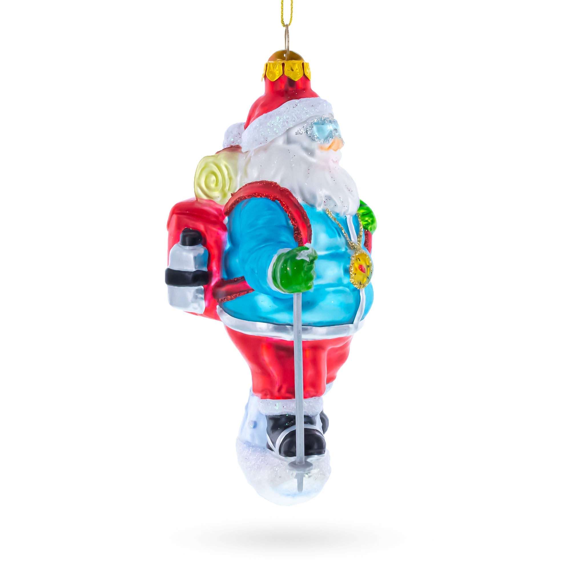 Snowshoeing Santa Glass Christmas Ornament