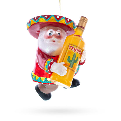 Mexican Santa with Tequila Bottle Glass Christmas Ornament