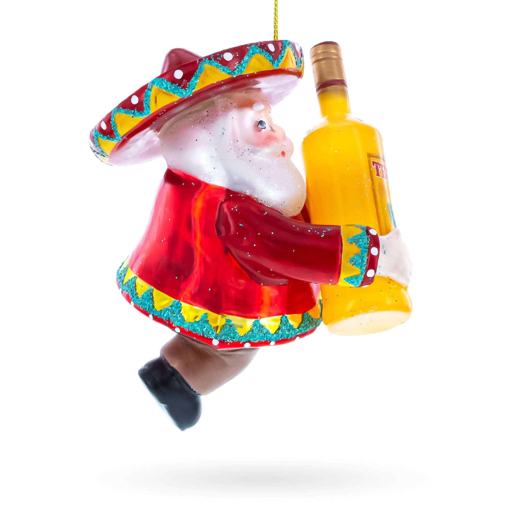 Mexican Santa with Tequila Bottle Glass Christmas Ornament