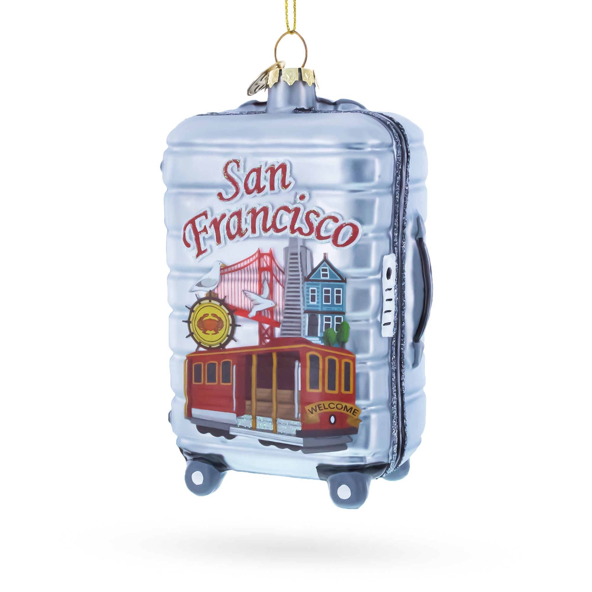 San Francisco Landmarks Suitcase Glass Christmas Ornament