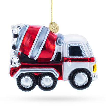 Striped Concrete Mixer Construction Vehicle Glass Christmas Ornament