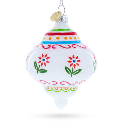 White Finial with Red Floral Pattern Glass Christmas Ornament