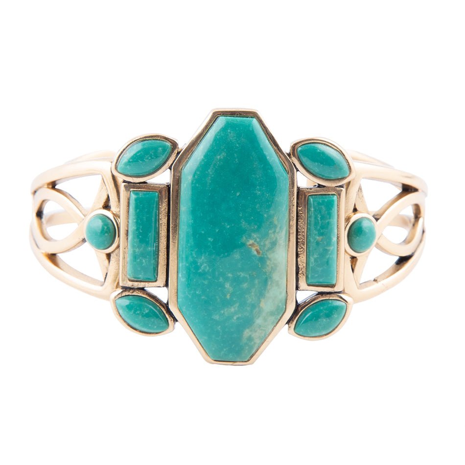 Deco Green Turquoise and Golden Statement Cuff Bracelet Barse Jewelry