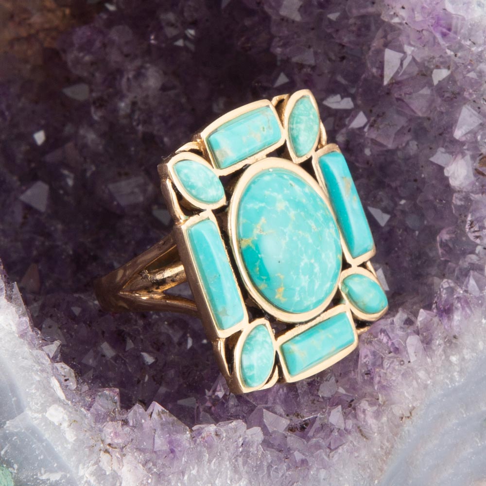 Deco Green Turquoise Golden Statement Ring Barse Jewelry