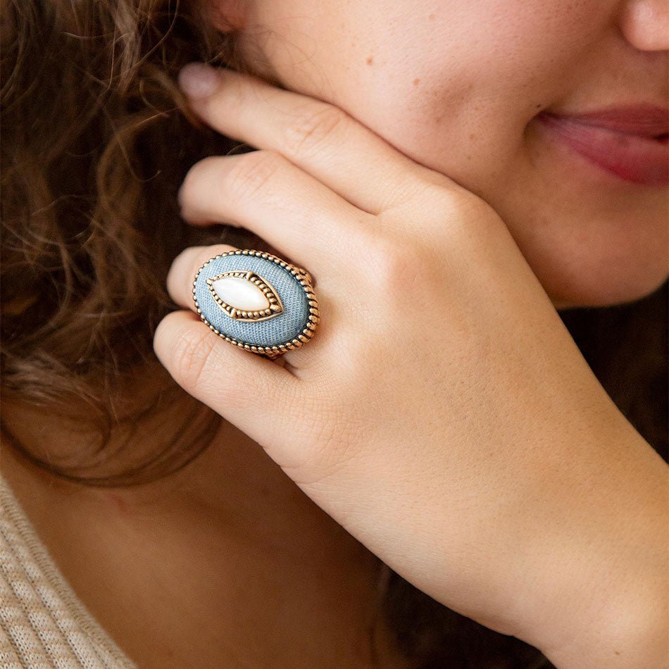 Denim Dreams White Mother of Pearl Golden Statement Ring Barse Jewelry
