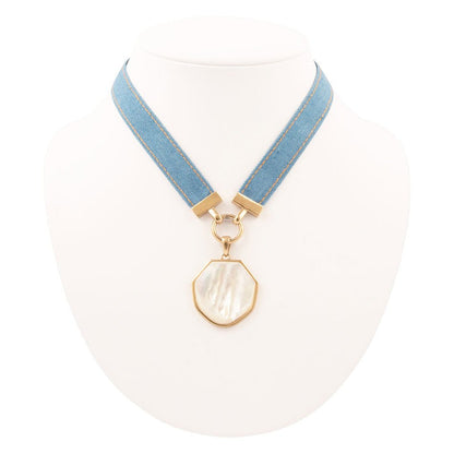 Blue Denim Dreams White Mother of Pearl Ribbon Golden Pendant Necklace Barse Jewelry