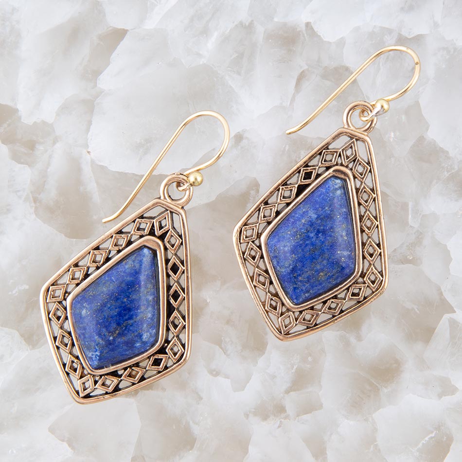 Dimond Blue Lapis Stone Golden Drop Earrings Barse Jewelry