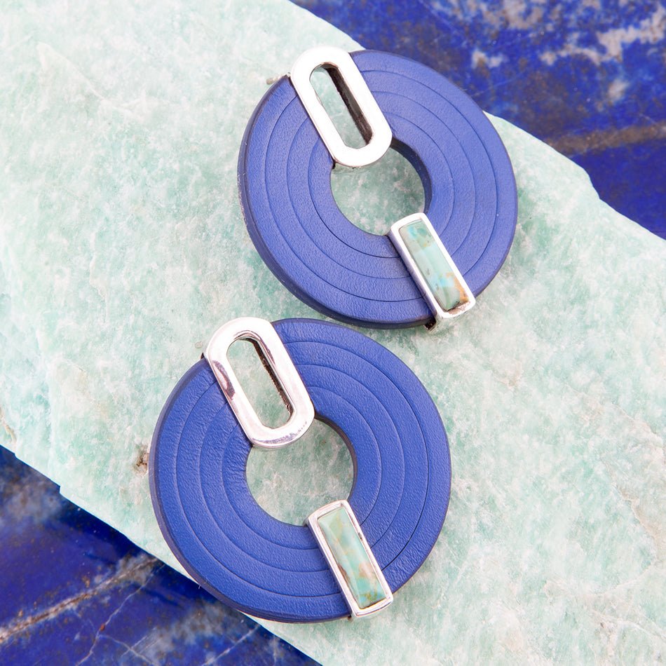 Discus Blue Turquoise and Leather Sterling Silver Earrings Barse Jewelry
