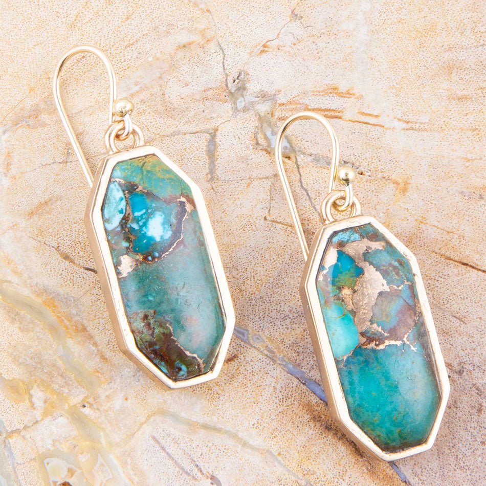 Dolce Teal Blue Turquoise Matrix Golden Drop Earrings Barse Jewelry