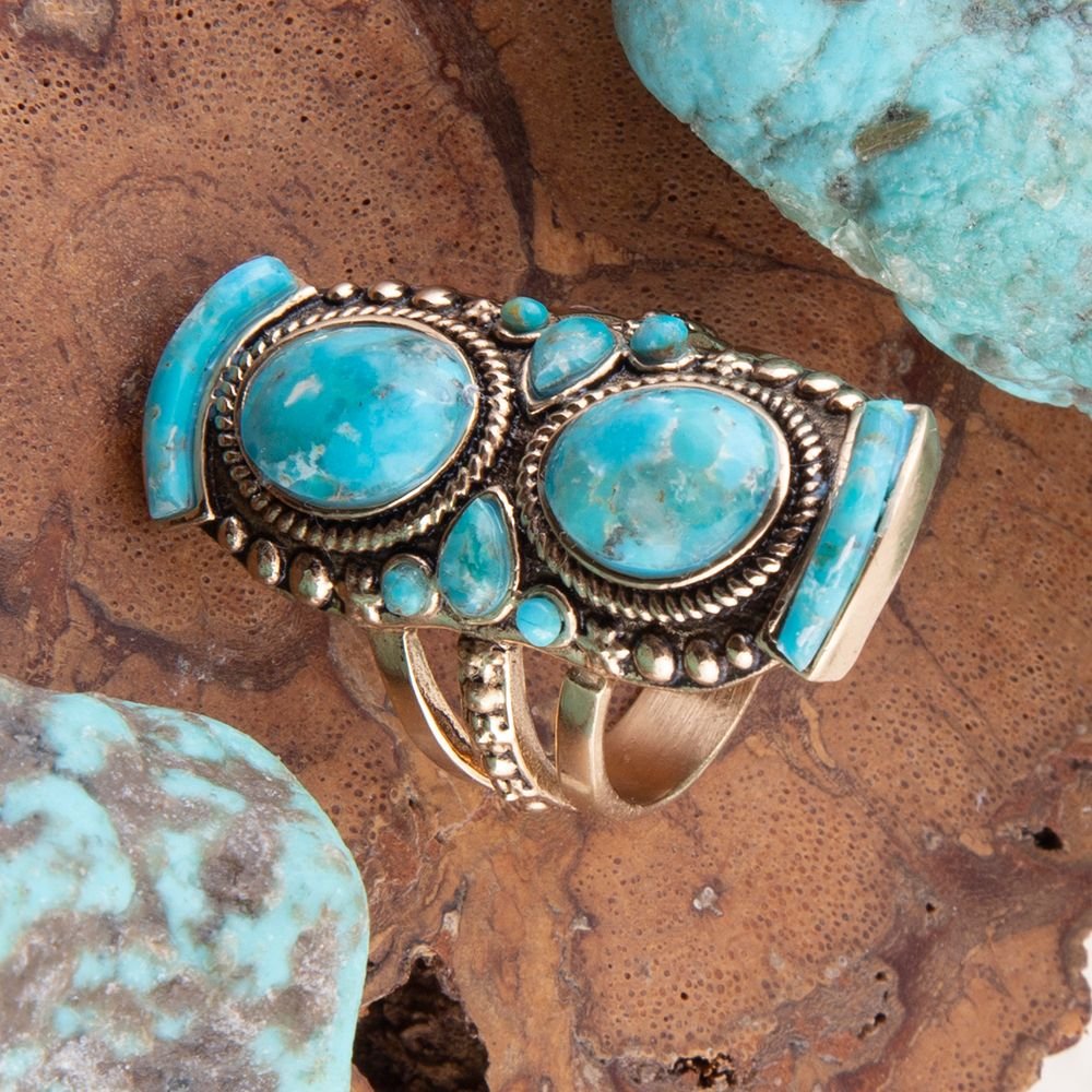 Double Blue Turquoise Golden Shield Ring Barse Jewelry