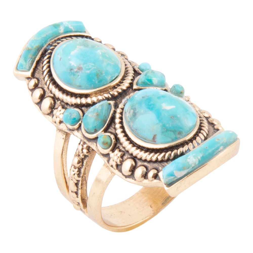 Double Blue Turquoise Golden Shield Ring Barse Jewelry