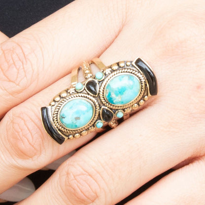 Double Up Blue Turquoise and Black Onyx Golden Ring Barse Jewelry