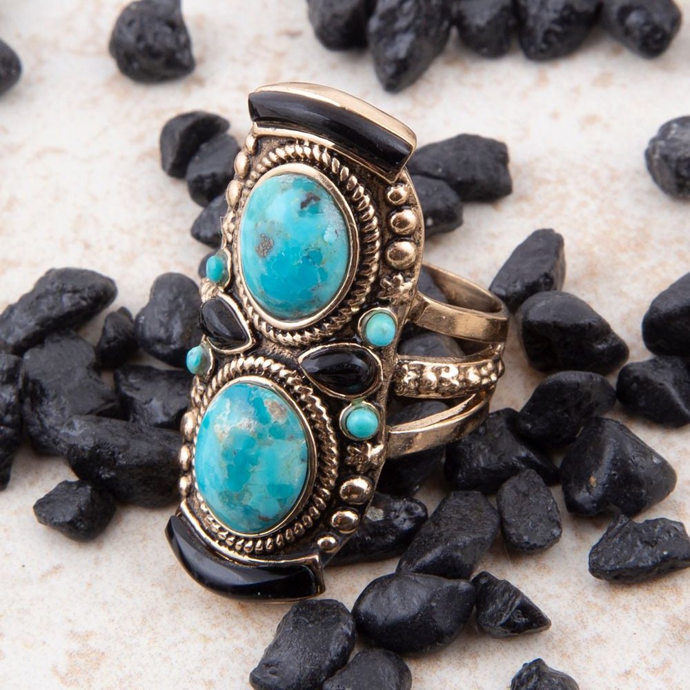Double Up Blue Turquoise and Black Onyx Golden Ring Barse Jewelry