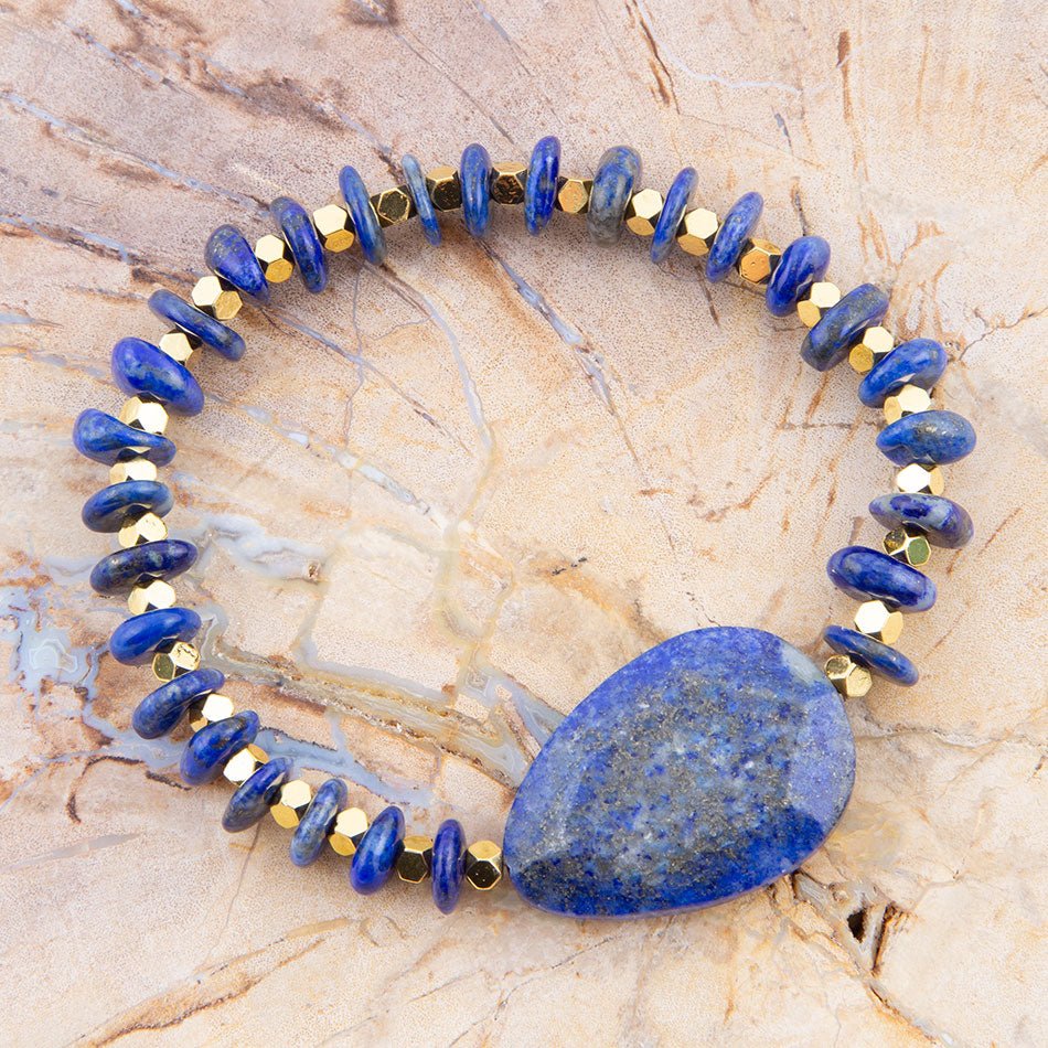 Dreamy  Blue Lapis Chunky Golden Bracelet Barse Jewelry