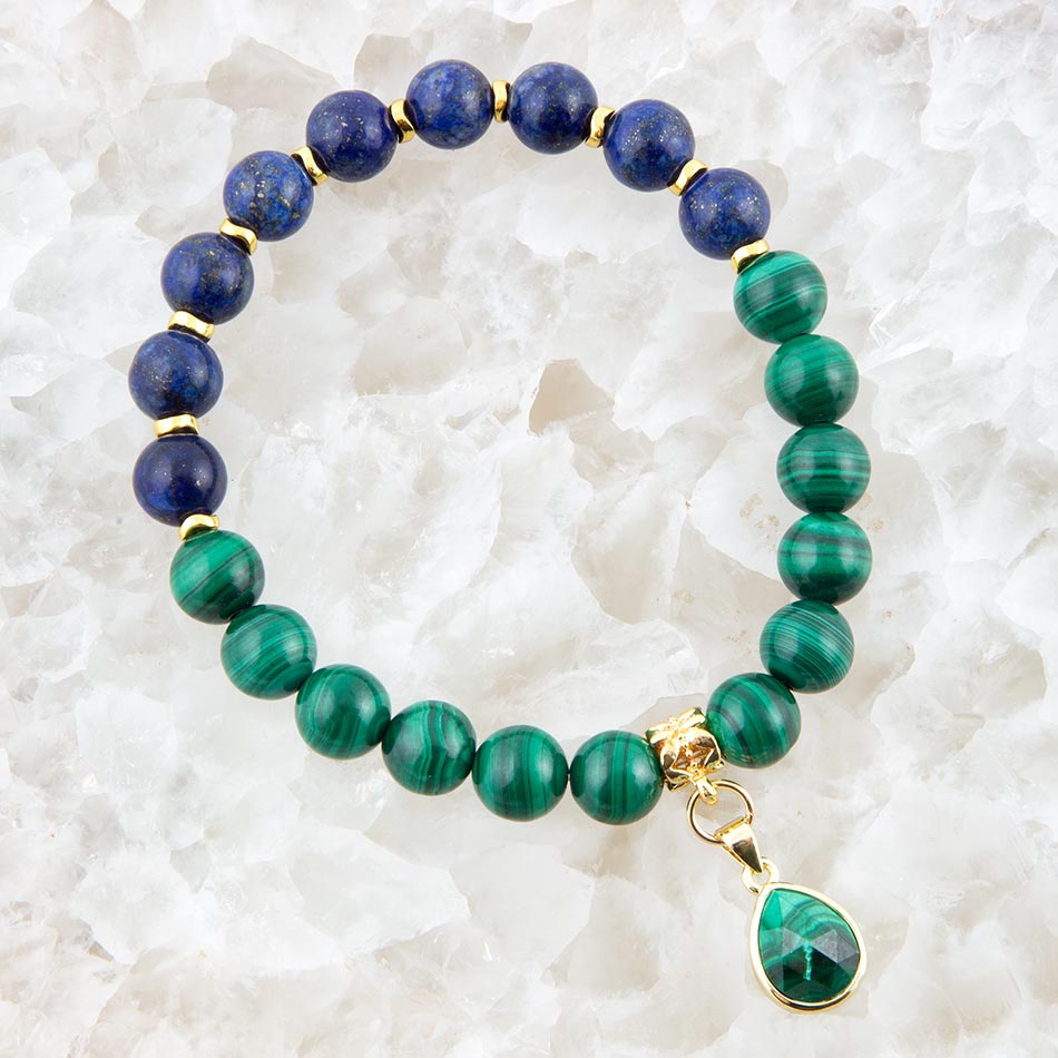 Dreamy Blue Lapis Green Malachite Charm  Golden Bracelet Barse Jewelry