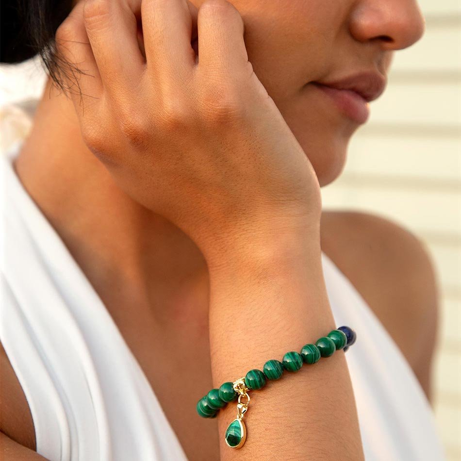 Dreamy Blue Lapis Green Malachite Charm  Golden Bracelet Barse Jewelry