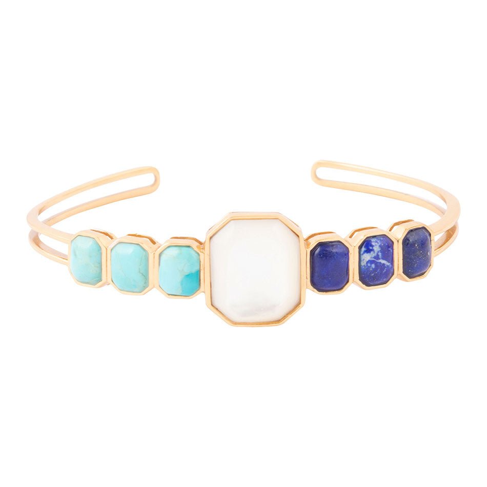 Dual Color Blue Lapis Turquoise and White Mother of Pearl Golden Cuff Bracelet Barse Jewelry