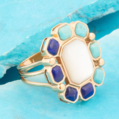 Dual Color Blue Lapis Turquoise and White Mother of Pearl Golden Ring Barse Jewelry