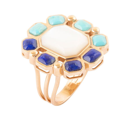 Dual Color Blue Lapis Turquoise and White Mother of Pearl Golden Ring Barse Jewelry