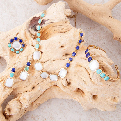 Dual Color Blue Lapis Turquoise and White Mother of Pearl Golden Necklace Barse Jewelry