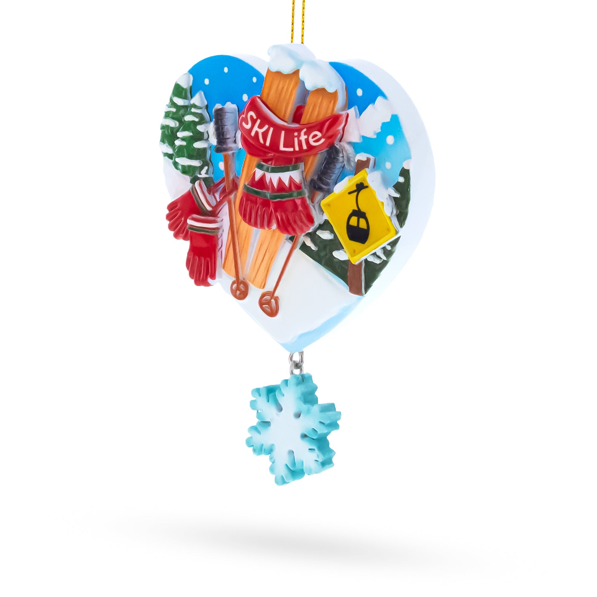 Ski Life Skis with Snowflake and Cable Car Resin Christmas Ornament