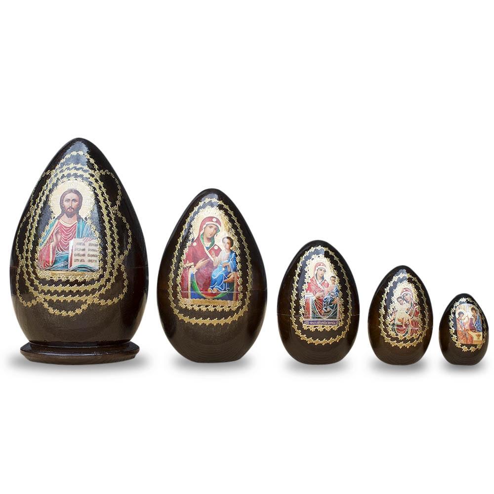 Set of 5 Orthodox Icons Egg Shape Wooden Nesting Dolls 6.5 Inches