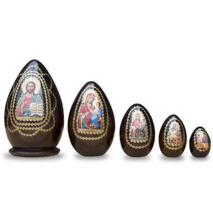 Set of 5 Orthodox Icons Egg Shape Wooden Nesting Dolls 6.5 Inches