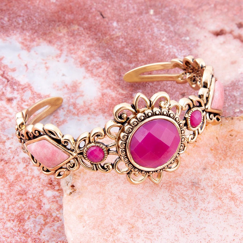 Embellished Pink Quartz Golden Cuff Bracelet Barse Jewelry