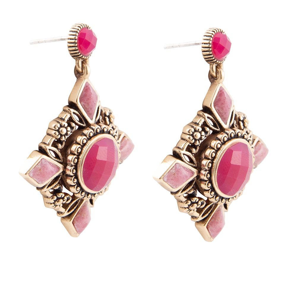 Embellished Pink Quartz Golden Post Drop Earrings Barse Jewelry