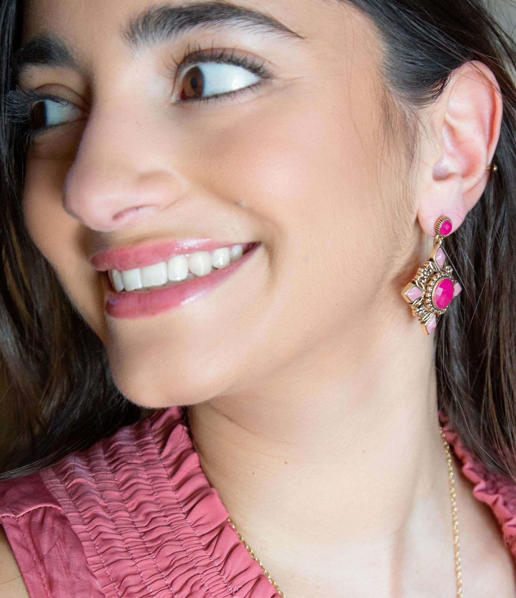 Embellished Pink Quartz Golden Post Drop Earrings Barse Jewelry