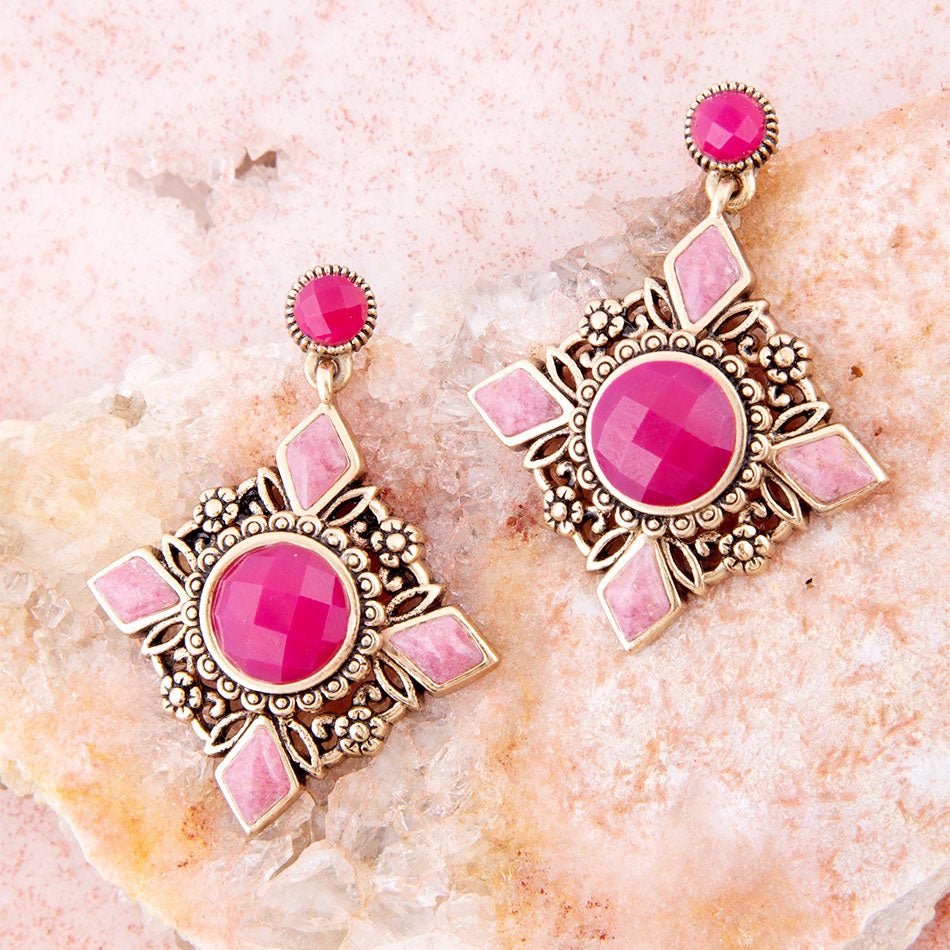Embellished Pink Quartz Golden Post Drop Earrings Barse Jewelry