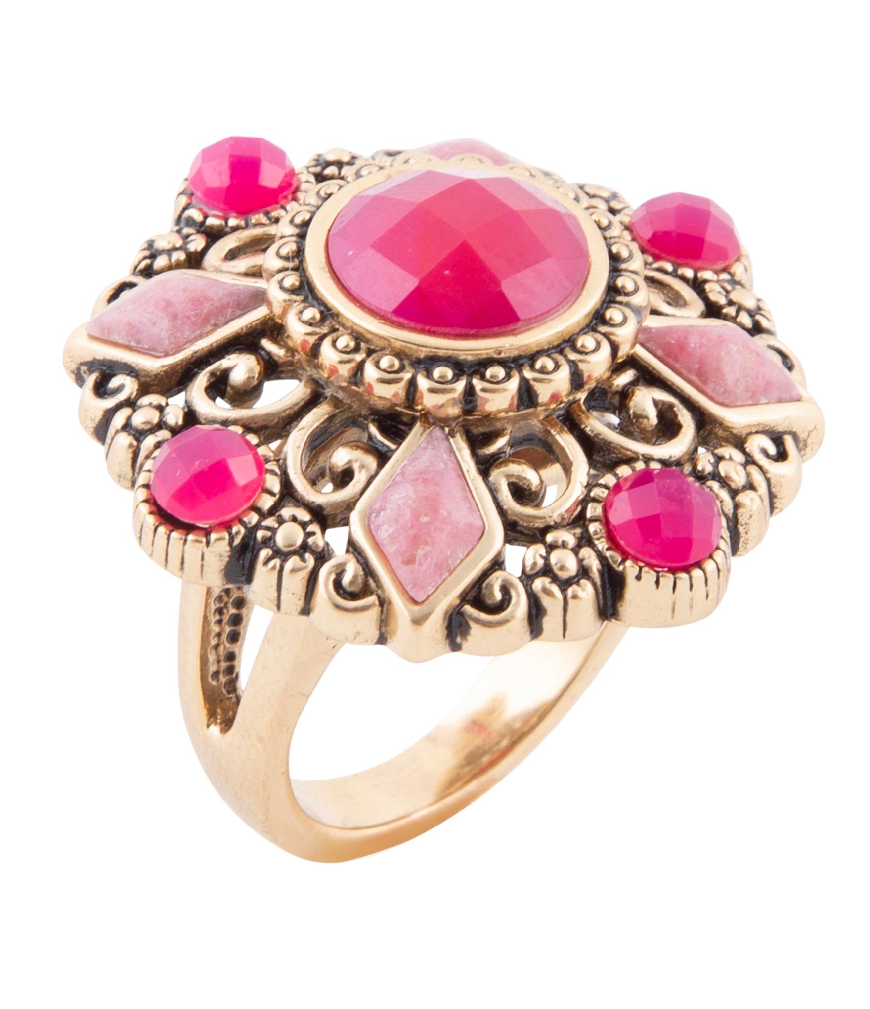Embellished Pink Quartz Golden Statement Ring Barse Jewelry