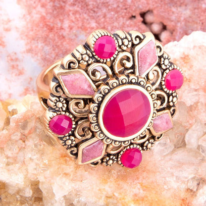 Embellished Pink Quartz Golden Statement Ring Barse Jewelry