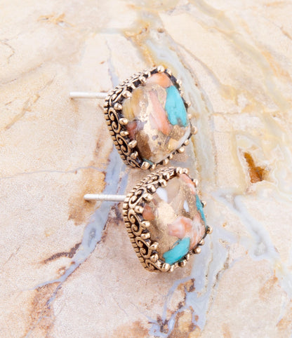 Empire Blue Turquoise and Orange Spiny Matrix Golden Stud Earrings Barse Jewelry