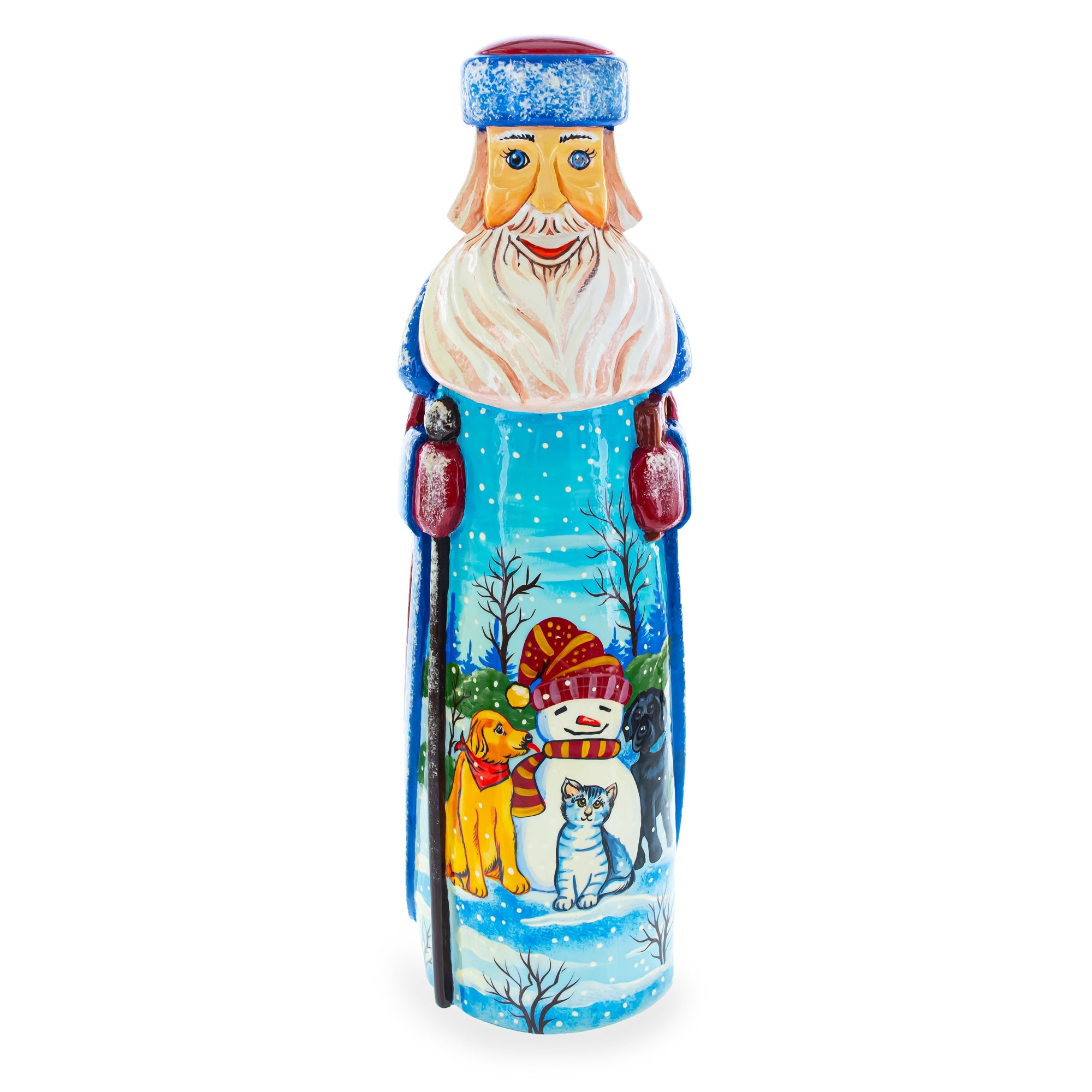 Snowman with Dog & Cat Friends Hand Carved Solid Wood Santa Figurine 11 Inches