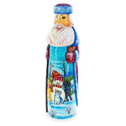 Snowman with Dog & Cat Friends Hand Carved Solid Wood Santa Figurine 11 Inches