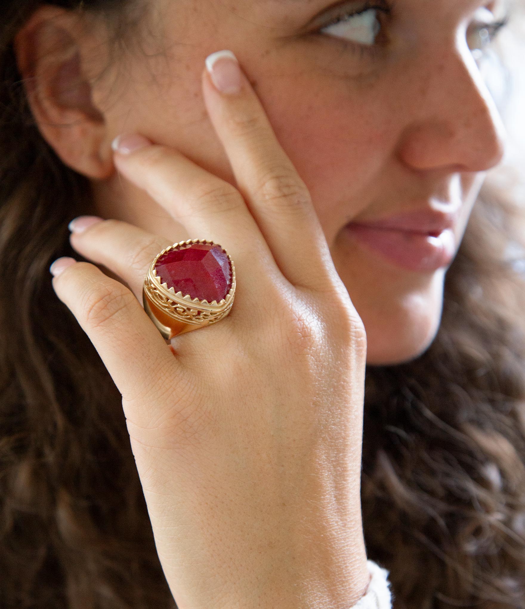 Filigreed Merlot Red Quarrtz Golden Statement Ring Barse Jewelry