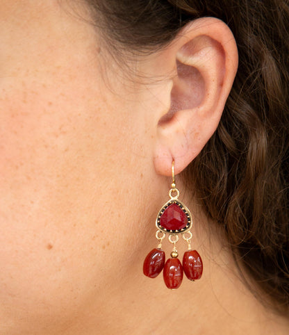 Filigreed Merlot Red Quartz Golden Drop Earrongs Barse Jewelry