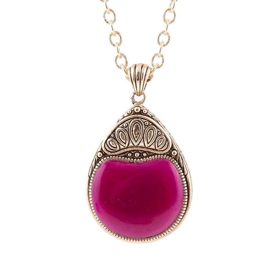 Flamenco Pink Magenta Agate Golden Pendant Necklace Barse Jewelry