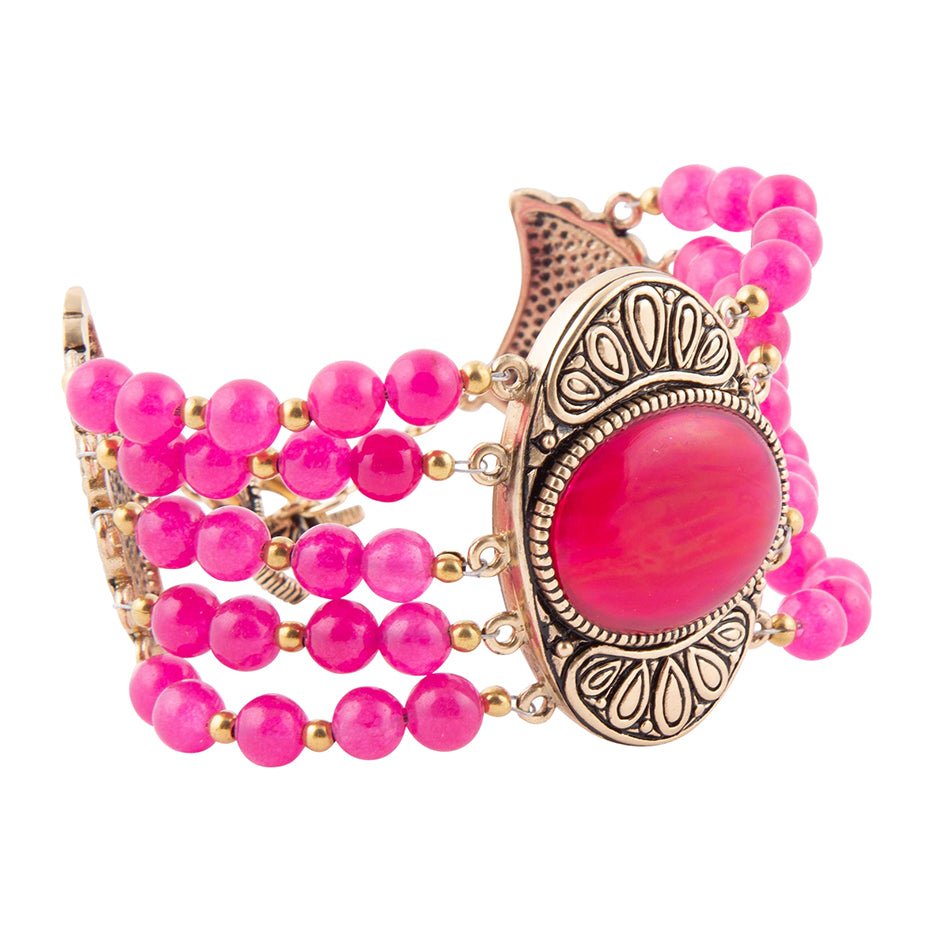 Flamenco Pink Magenta Agate Golden Statement Bracelet Barse Jewelry