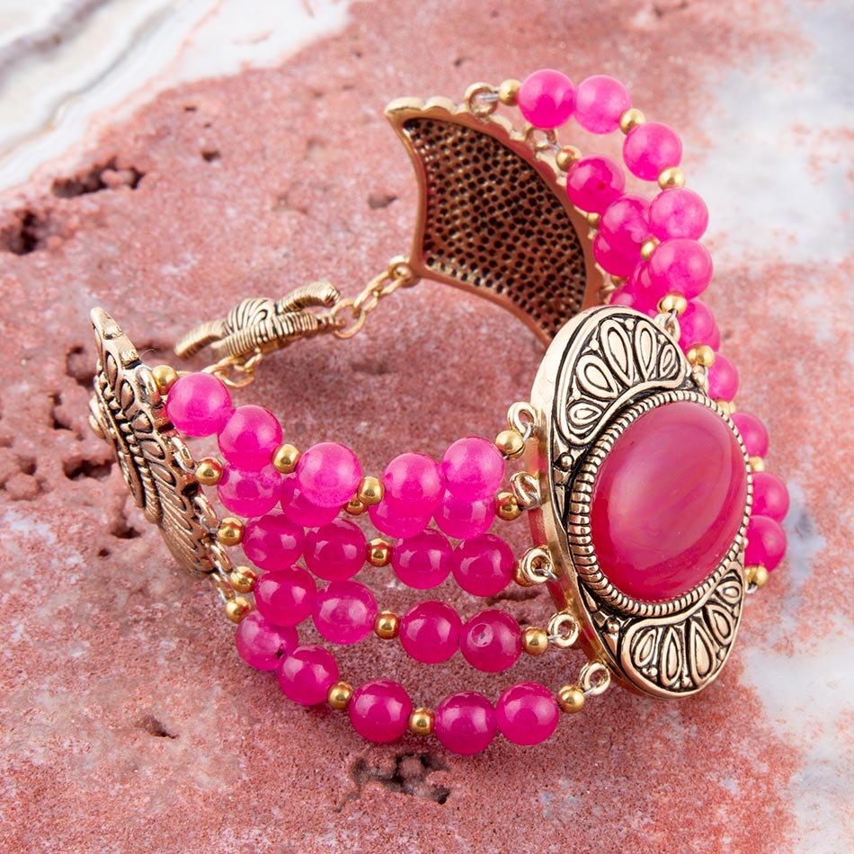 Flamenco Pink Magenta Agate Golden Statement Bracelet Barse Jewelry