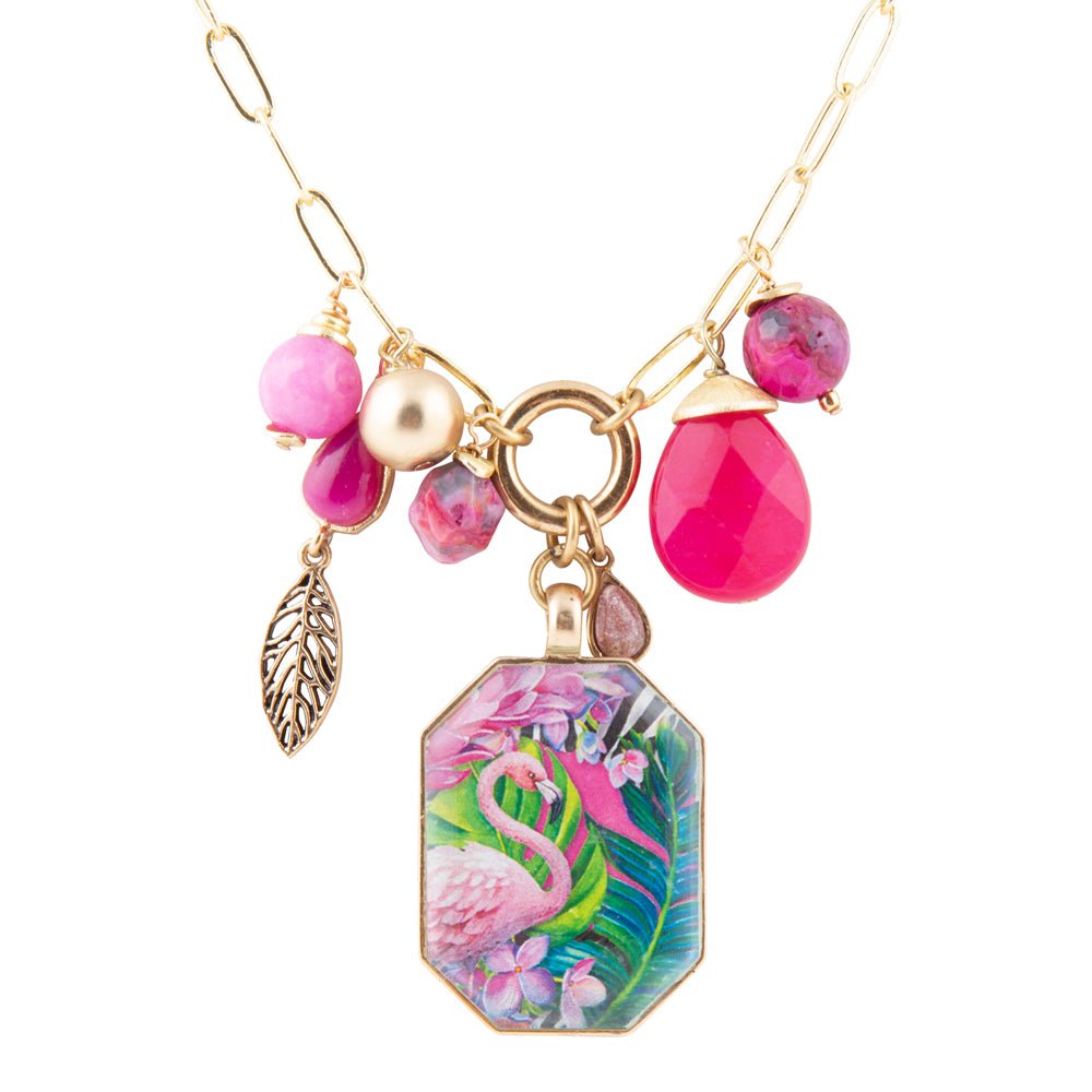 Flamingo Pink Agate Golden Pendant Necklace Barse Jewelry