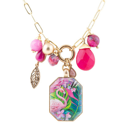 Flamingo Pink Agate Golden Pendant Necklace Barse Jewelry