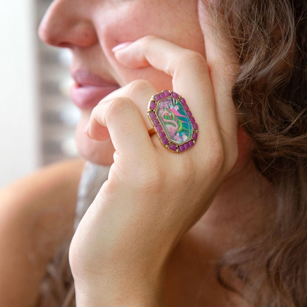 Flamingo Pink Agate Golden Statement Ring Barse Jewelry