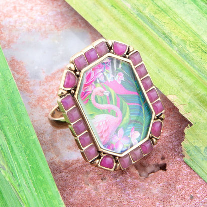 Flamingo Pink Agate Golden Statement Ring Barse Jewelry