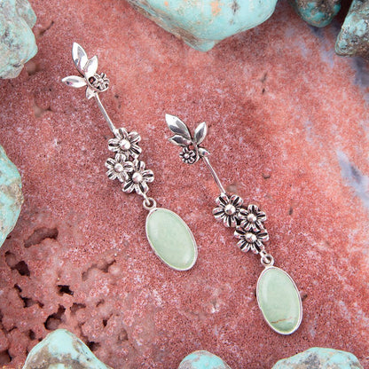 Floral Linear Drop Green Turquoise and Sterling Silver Earrings Barse Jewelry