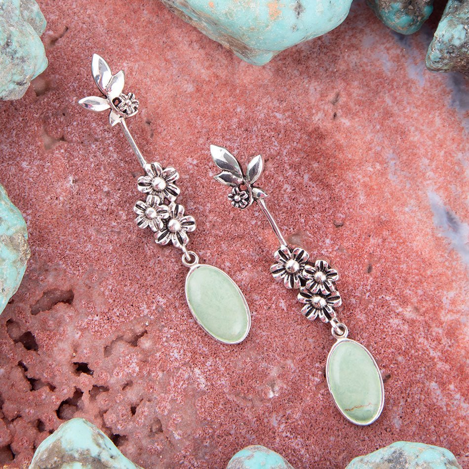 Floral Linear Drop Green Turquoise and Sterling Silver Earrings Barse Jewelry