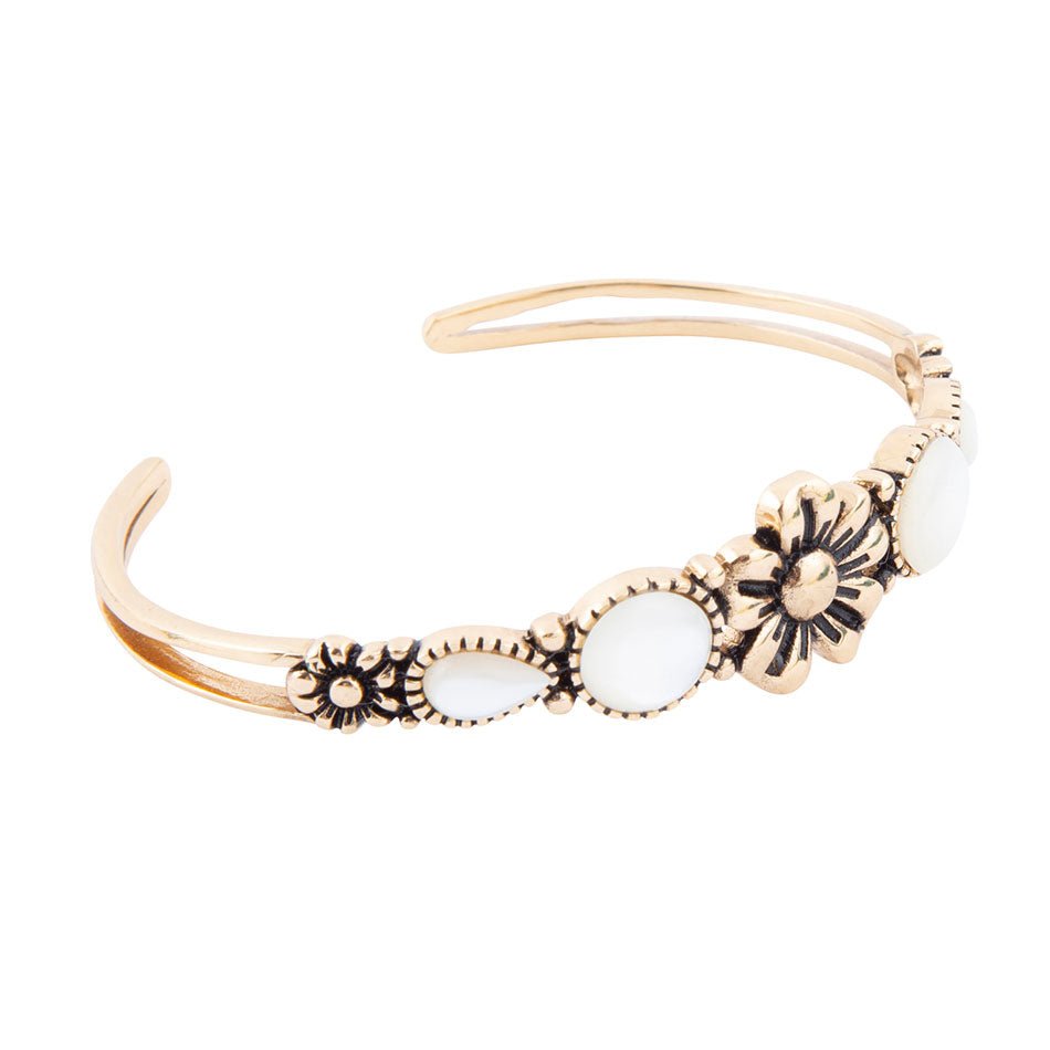 Floral White Mother of Pearl Golden Cuff Bracelet Barse Jewelry